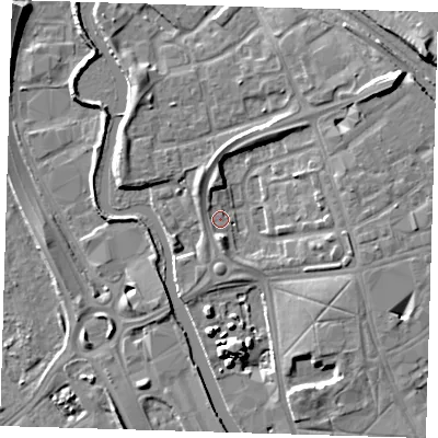 Shaded relief map of the ground around IG118SG, computed from Environment Agency LiDAR. The ground here sits at about 5 m above sea level and falls 11 m across the surrounding 800 m. Surface water reaching this point runs off ground lying to the north, 4.6 m higher.
