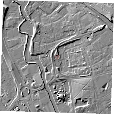 Shaded relief map of the ground around IG118SH, computed from Environment Agency LiDAR. The ground here sits at about 4 m above sea level and falls 11 m across the surrounding 800 m. Surface water reaching this point runs off ground lying to the north-north-west, 4.6 m higher.
