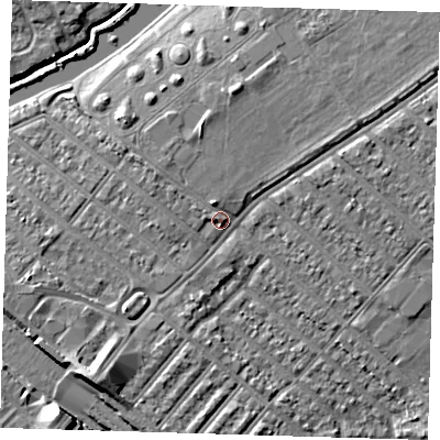 Shaded relief map of the ground around IG118TA, computed from Environment Agency LiDAR. The ground here sits at about 8 m above sea level and falls 8 m across the surrounding 800 m. Surface water reaching this point runs off ground lying to the north, 3.0 m higher.