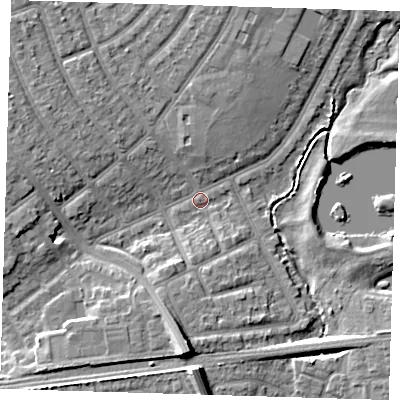 Shaded relief map of the ground around IG119BJ, computed from Environment Agency LiDAR. The ground here sits at about 3 m above sea level and falls 10 m across the surrounding 800 m. Surface water reaching this point runs off ground lying to the south, 7.5 m higher.