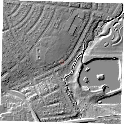 Shaded relief map of the ground around IG119BL, computed from Environment Agency LiDAR. The ground here sits at about 4 m above sea level and falls 10 m across the surrounding 800 m. Surface water reaching this point runs off ground lying to the north-west, 3.3 m higher.