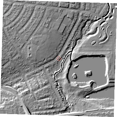 Shaded relief map of the ground around IG119BN, computed from Environment Agency LiDAR. The ground here sits at about 3 m above sea level and falls 10 m across the surrounding 800 m. Surface water reaching this point runs off ground lying to the south-south-west, 9.6 m higher.