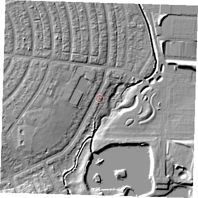 Shaded relief map of the ground around IG119BP, computed from Environment Agency LiDAR. The ground here sits at about 5 m above sea level and falls 8 m across the surrounding 800 m. Surface water reaching this point runs off ground lying to the north-north-west, 4.9 m higher.
