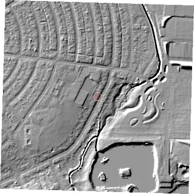 Shaded relief map of the ground around IG119BW, computed from Environment Agency LiDAR. The ground here sits at about 5 m above sea level and falls 8 m across the surrounding 800 m. Surface water reaching this point runs off ground lying to the north-north-west, 5.0 m higher.