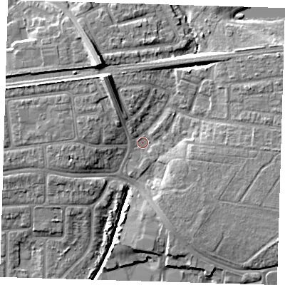 Shaded relief map of the ground around IG119FE, computed from Environment Agency LiDAR. The ground here sits at about 4 m above sea level and falls 12 m across the surrounding 800 m. Surface water reaching this point runs off ground lying to the north-north-west, 8.8 m higher.