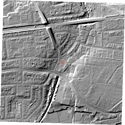 Shaded relief map of the ground around IG119FG, computed from Environment Agency LiDAR. The ground here sits at about 4 m above sea level and falls 12 m across the surrounding 800 m. Surface water reaching this point runs off ground lying to the north-north-west, 8.8 m higher.