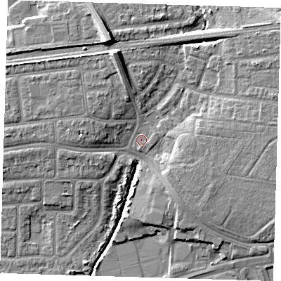 Shaded relief map of the ground around IG119FH, computed from Environment Agency LiDAR. The ground here sits at about 4 m above sea level and falls 12 m across the surrounding 800 m. Surface water reaching this point runs off ground lying to the north-north-west, 8.8 m higher.