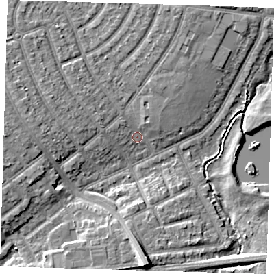 Shaded relief map of the ground around IG119HB, computed from Environment Agency LiDAR. The ground here sits at about 4 m above sea level and falls 10 m across the surrounding 800 m. Surface water reaching this point runs off ground lying to the north-north-east, 3.9 m higher.