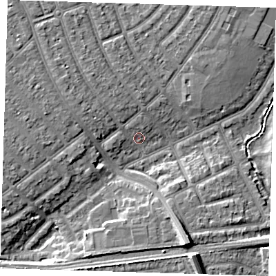 Shaded relief map of the ground around IG119HR, computed from Environment Agency LiDAR. The ground here sits at about 4 m above sea level and falls 10 m across the surrounding 800 m. Surface water reaching this point runs off ground lying to the west-north-west, 5.1 m higher.