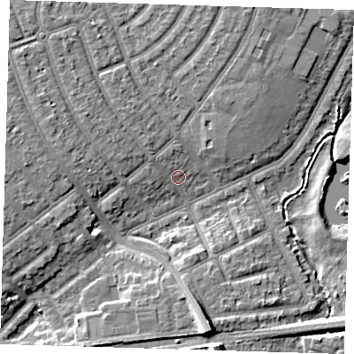 Shaded relief map of the ground around IG119HZ, computed from Environment Agency LiDAR. The ground here sits at about 4 m above sea level and falls 10 m across the surrounding 800 m. Surface water reaching this point runs off ground lying to the west-north-west, 2.0 m higher.