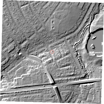 Shaded relief map of the ground around IG119JA, computed from Environment Agency LiDAR. The ground here sits at about 4 m above sea level and falls 10 m across the surrounding 800 m. Surface water reaching this point runs off ground lying to the south-south-west, 3.7 m higher.
