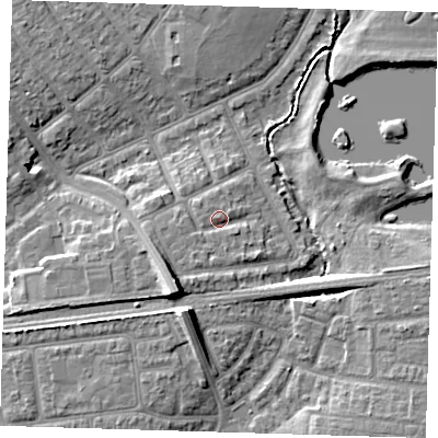 Shaded relief map of the ground around IG119JD, computed from Environment Agency LiDAR. The ground here sits at about 6 m above sea level and falls 10 m across the surrounding 800 m. Surface water reaching this point runs off ground lying to the south-south-west, 2.3 m higher.