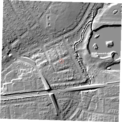 Shaded relief map of the ground around IG119JE, computed from Environment Agency LiDAR. The ground here sits at about 5 m above sea level and falls 10 m across the surrounding 800 m. Surface water reaching this point runs off ground lying to the west-south-west, 2.6 m higher.