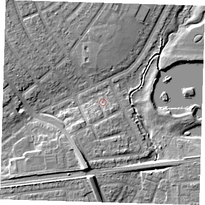 Shaded relief map of the ground around IG119JF, computed from Environment Agency LiDAR. The ground here sits at about 4 m above sea level and falls 10 m across the surrounding 800 m. Surface water reaching this point runs off ground lying to the south-west, 2.9 m higher.