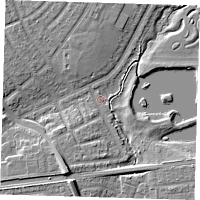 Shaded relief map of the ground around IG119JG, computed from Environment Agency LiDAR. The ground here sits at about 3 m above sea level and falls 10 m across the surrounding 800 m. Surface water reaching this point runs off ground lying to the south-south-west, 8.7 m higher.