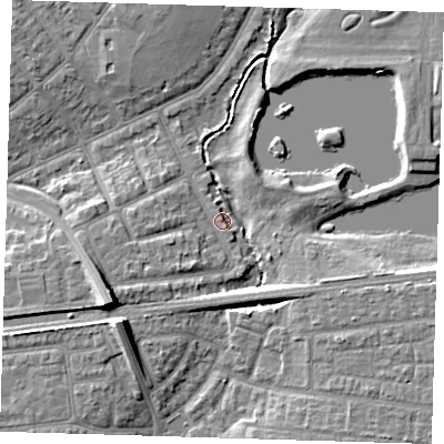 Shaded relief map of the ground around IG119JH, computed from Environment Agency LiDAR. The ground here sits at about 4 m above sea level and falls 10 m across the surrounding 800 m. Surface water reaching this point runs off ground lying to the south-west, 10.3 m higher.