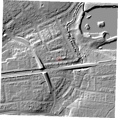 Shaded relief map of the ground around IG119JL, computed from Environment Agency LiDAR. The ground here sits at about 6 m above sea level and falls 10 m across the surrounding 800 m. Surface water reaching this point runs off ground lying to the west-south-west, 6.2 m higher.