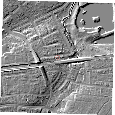 Shaded relief map of the ground around IG119JN, computed from Environment Agency LiDAR. The ground here sits at about 6 m above sea level and falls 11 m across the surrounding 800 m. Surface water reaching this point runs off ground lying to the west-south-west, 6.5 m higher.
