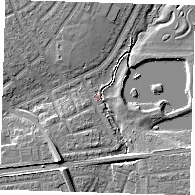 Shaded relief map of the ground around IG119JQ, computed from Environment Agency LiDAR. The ground here sits at about 3 m above sea level and falls 10 m across the surrounding 800 m. Surface water reaching this point runs off ground lying to the south-south-west, 10.3 m higher.