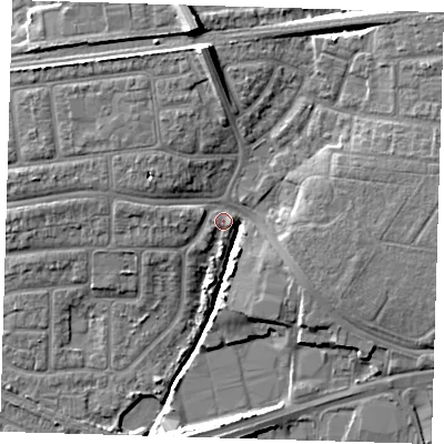 Shaded relief map of the ground around IG119JU, computed from Environment Agency LiDAR. The ground here sits at about 4 m above sea level and falls 12 m across the surrounding 800 m. Surface water reaching this point runs off ground lying to the south-west, 1.9 m higher.