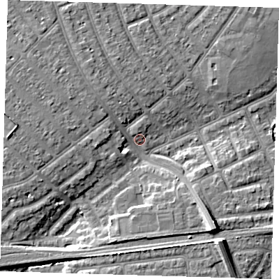 Shaded relief map of the ground around IG119LE, computed from Environment Agency LiDAR. The ground here sits at about 4 m above sea level and falls 11 m across the surrounding 800 m. Surface water reaching this point runs off ground lying to the north-west, 4.7 m higher.