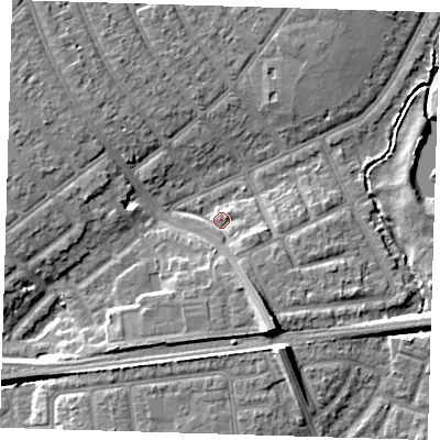 Shaded relief map of the ground around IG119LF, computed from Environment Agency LiDAR. The ground here sits at about 4 m above sea level and falls 11 m across the surrounding 800 m. Surface water reaching this point runs off ground lying to the south-south-east, 6.9 m higher.