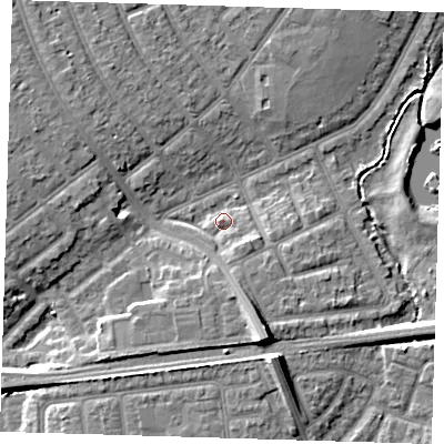 Shaded relief map of the ground around IG119LQ, computed from Environment Agency LiDAR. The ground here sits at about 5 m above sea level and falls 11 m across the surrounding 800 m. Surface water reaching this point runs off ground lying to the south-east, 3.7 m higher.