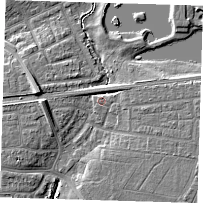 Shaded relief map of the ground around IG119NF, computed from Environment Agency LiDAR. The ground here sits at about 5 m above sea level and falls 11 m across the surrounding 800 m. Surface water reaching this point runs off ground lying to the west, 0.5 m higher.