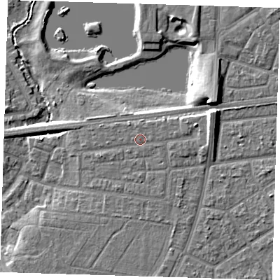 Shaded relief map of the ground around IG119NP, computed from Environment Agency LiDAR. The ground here sits at about 7 m above sea level and falls 10 m across the surrounding 800 m. Surface water reaching this point runs off ground lying to the east, 2.9 m higher.