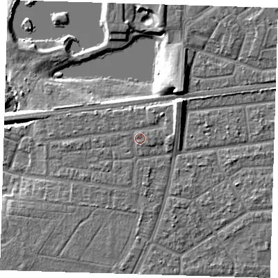Shaded relief map of the ground around IG119NS, computed from Environment Agency LiDAR. The ground here sits at about 7 m above sea level and falls 10 m across the surrounding 800 m. Surface water reaching this point runs off ground lying to the east-north-east, 2.7 m higher.