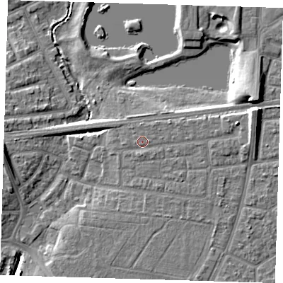 Shaded relief map of the ground around IG119NW, computed from Environment Agency LiDAR. The ground here sits at about 7 m above sea level and falls 11 m across the surrounding 800 m. Surface water reaching this point runs off ground lying to the east, 3.3 m higher.