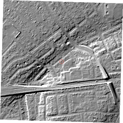 Shaded relief map of the ground around IG119PB, computed from Environment Agency LiDAR. The ground here sits at about 5 m above sea level and falls 11 m across the surrounding 800 m. Surface water reaching this point runs off ground lying to the east-south-east, 9.8 m higher.