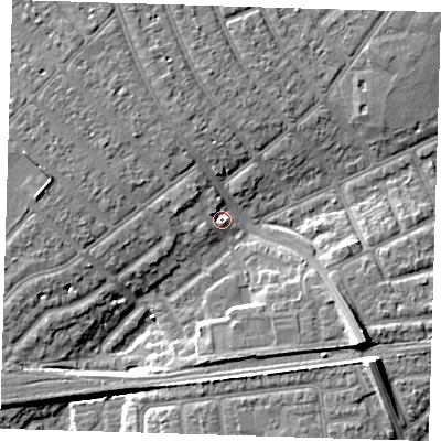 Shaded relief map of the ground around IG119PD, computed from Environment Agency LiDAR. The ground here sits at about 4 m above sea level and falls 11 m across the surrounding 800 m. Surface water reaching this point runs off ground lying to the west-north-west, 2.9 m higher.