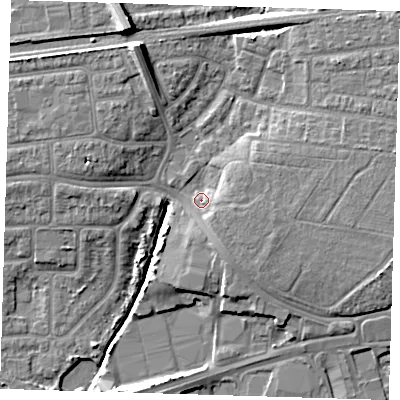 Shaded relief map of the ground around IG119PF, computed from Environment Agency LiDAR. The ground here sits at about 4 m above sea level and falls 12 m across the surrounding 800 m. Surface water reaching this point runs off ground lying to the east-north-east, 3.3 m higher.