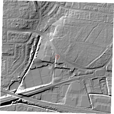Shaded relief map of the ground around IG119PG, computed from Environment Agency LiDAR. The ground here sits at about 6 m above sea level and falls 9 m across the surrounding 800 m. Surface water reaching this point runs off ground lying to the north-north-west, 1.7 m higher.