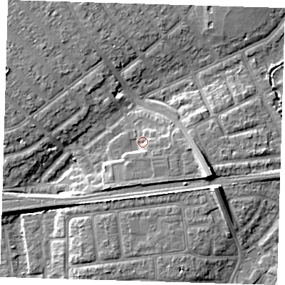 Shaded relief map of the ground around IG119PH, computed from Environment Agency LiDAR. The ground here sits at about 6 m above sea level and falls 11 m across the surrounding 800 m. Surface water reaching this point runs off ground lying to the south-east, 2.6 m higher.