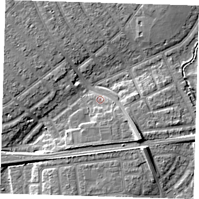 Shaded relief map of the ground around IG119PJ, computed from Environment Agency LiDAR. The ground here sits at about 5 m above sea level and falls 11 m across the surrounding 800 m. Surface water reaching this point runs off ground lying to the south-east, 5.4 m higher.