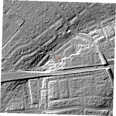 Shaded relief map of the ground around IG119PL, computed from Environment Agency LiDAR. The ground here sits at about 4 m above sea level and falls 11 m across the surrounding 800 m. Surface water reaching this point runs off ground lying to the east, 9.8 m higher.