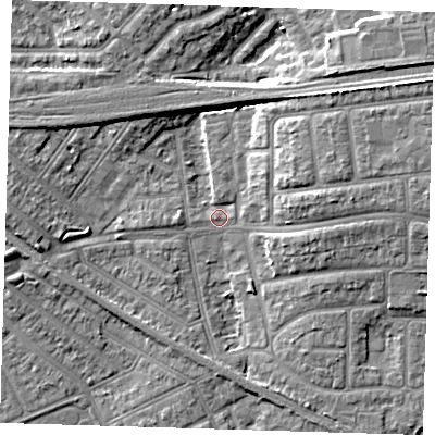 Shaded relief map of the ground around IG119PN, computed from Environment Agency LiDAR. The ground here sits at about 2 m above sea level and falls 8 m across the surrounding 800 m. Surface water reaching this point runs off ground lying to the west, 5.9 m higher.