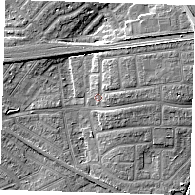 Shaded relief map of the ground around IG119PP, computed from Environment Agency LiDAR. The ground here sits at about 4 m above sea level and falls 10 m across the surrounding 800 m. Surface water reaching this point runs off ground lying to the north-east, 3.7 m higher.