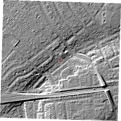 Shaded relief map of the ground around IG119PQ, computed from Environment Agency LiDAR. The ground here sits at about 5 m above sea level and falls 11 m across the surrounding 800 m. Surface water reaching this point runs off ground lying to the east-south-east, 9.8 m higher.