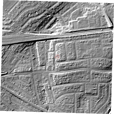 Shaded relief map of the ground around IG119PR, computed from Environment Agency LiDAR. The ground here sits at about 6 m above sea level and falls 11 m across the surrounding 800 m. Surface water reaching this point runs off ground lying to the east, 2.5 m higher.
