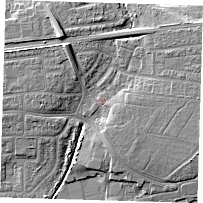 Shaded relief map of the ground around IG119QE, computed from Environment Agency LiDAR. The ground here sits at about 5 m above sea level and falls 12 m across the surrounding 800 m. Surface water reaching this point runs off ground lying to the east-south-east, 2.5 m higher.