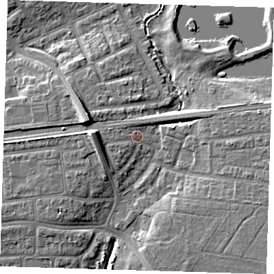 Shaded relief map of the ground around IG119QS, computed from Environment Agency LiDAR. The ground here sits at about 6 m above sea level and falls 11 m across the surrounding 800 m. Surface water reaching this point runs off ground lying to the west, 6.4 m higher.
