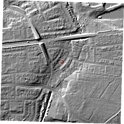 Shaded relief map of the ground around IG119QT, computed from Environment Agency LiDAR. The ground here sits at about 4 m above sea level and falls 11 m across the surrounding 800 m. Surface water reaching this point runs off ground lying to the north-west, 8.8 m higher.
