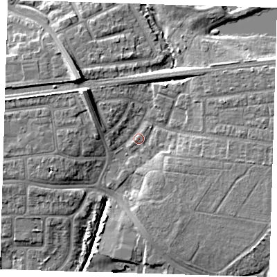 Shaded relief map of the ground around IG119QU, computed from Environment Agency LiDAR. The ground here sits at about 5 m above sea level and falls 11 m across the surrounding 800 m. Surface water reaching this point runs off ground lying to the north-west, 8.8 m higher.