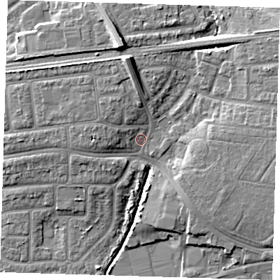Shaded relief map of the ground around IG119QY, computed from Environment Agency LiDAR. The ground here sits at about 4 m above sea level and falls 12 m across the surrounding 800 m. Surface water reaching this point runs off ground lying to the north, 8.1 m higher.