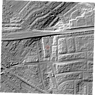 Shaded relief map of the ground around IG119RH, computed from Environment Agency LiDAR. The ground here sits at about 3 m above sea level and falls 8 m across the surrounding 800 m. The ground contributing surface water to this point lies to the south.