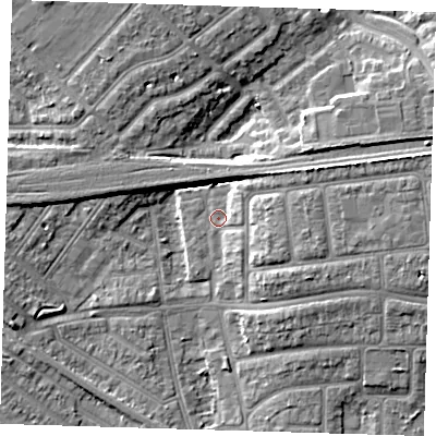 Shaded relief map of the ground around IG119RJ, computed from Environment Agency LiDAR. The ground here sits at about 3 m above sea level and falls 8 m across the surrounding 800 m. Surface water reaching this point runs off ground lying to the east-north-east, 6.0 m higher.