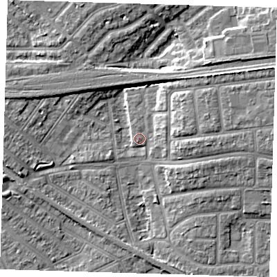 Shaded relief map of the ground around IG119RQ, computed from Environment Agency LiDAR. The ground here sits at about 3 m above sea level and falls 8 m across the surrounding 800 m. Surface water reaching this point runs off ground lying to the north-east, 7.9 m higher.